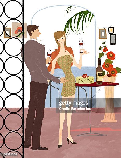 stockillustraties, clipart, cartoons en iconen met couple having wine - drinking water glass woman