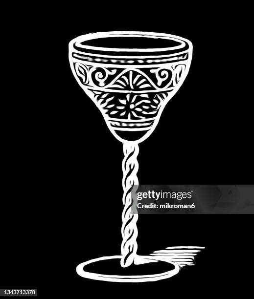 old engraved illustration of glasses from england - glass vase black background foto e immagini stock