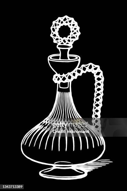 old engraved illustration of glasses from england - glass vase black background foto e immagini stock