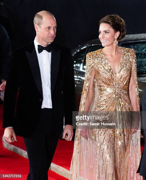 Catherine, Duchess of Cambridge and Prince William, Duke of Cambridge attend the "No Time To Die" World Premiere at Royal Albert Hall on September...