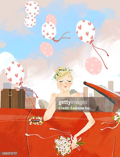 illustrations, cliparts, dessins animés et icônes de bride wondering in car holding bouquet of flowers - sad bride alone
