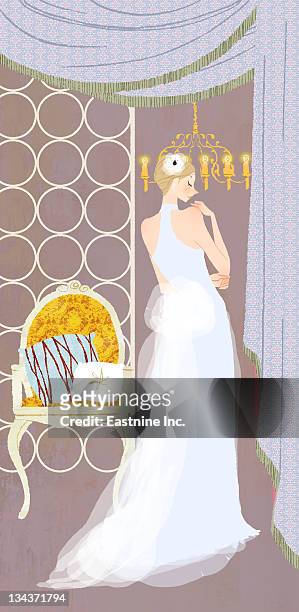 bride portrait - behind the curtain stock illustrations
