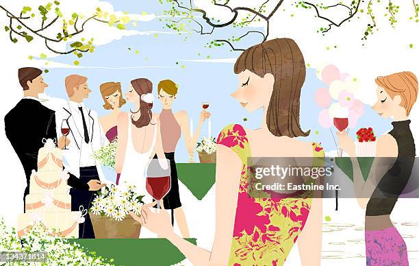 wedding couple at reception - front on groom and bride stock illustrations