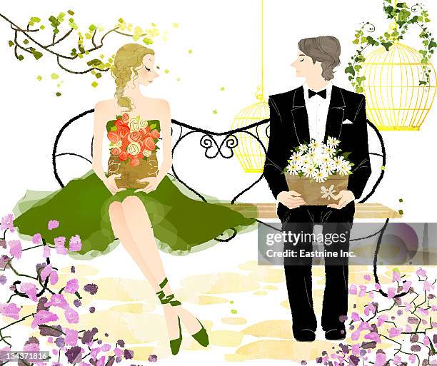 young couple sitting on bench  holding the flower pot  - front on groom and bride stock illustrations