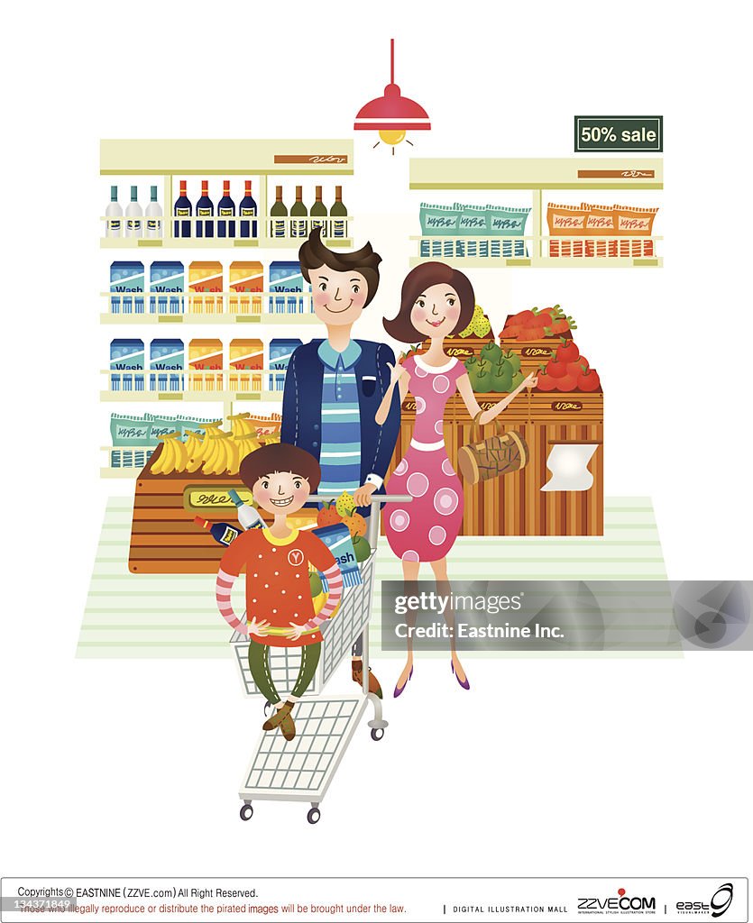 Family portrait doing shopping from supermarket