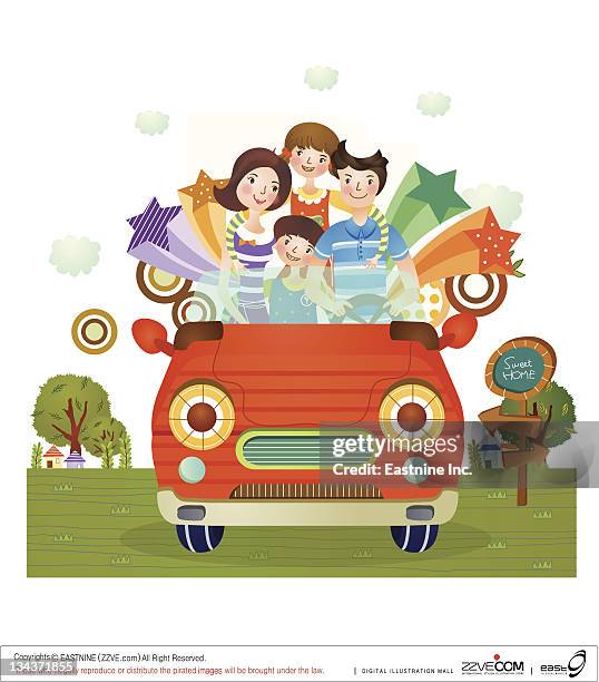 portrait of family on drive - road trip family stock illustrations