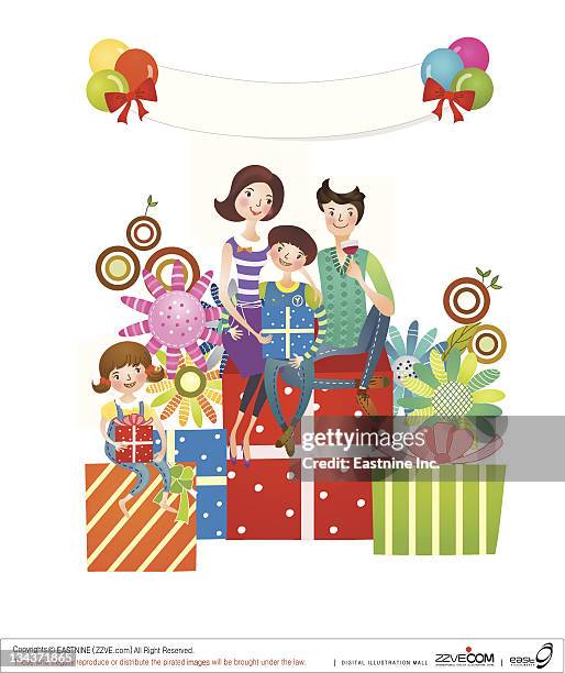 family sitting on gifts - 30 39 years stock illustrations