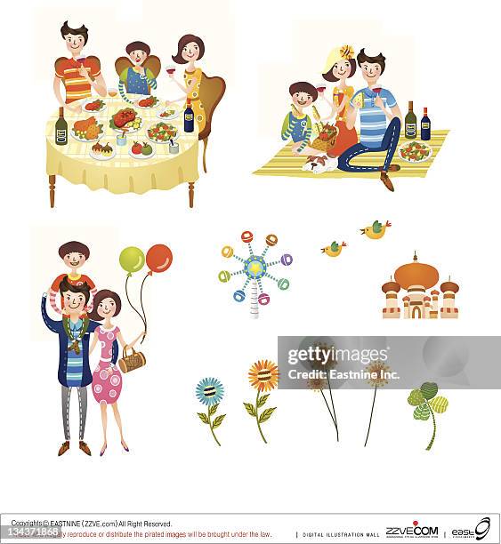 holidays with family icon set - boy drinking from bottle stock illustrations