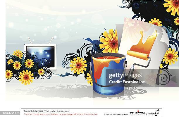 paint can and paint roll with flora design - empty studio curve stock illustrations