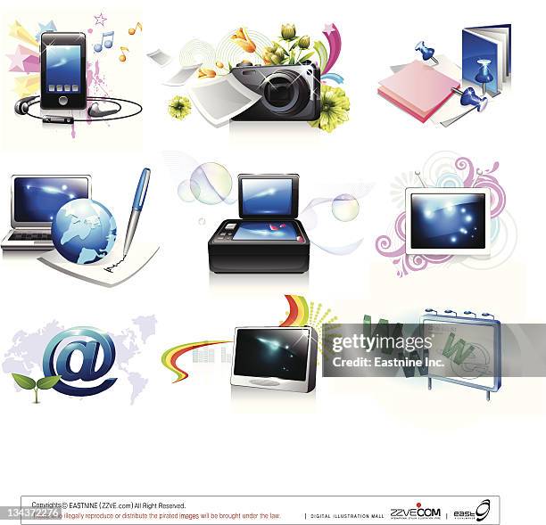 electronics gadgets and web icon set - flat bed scanner stock illustrations