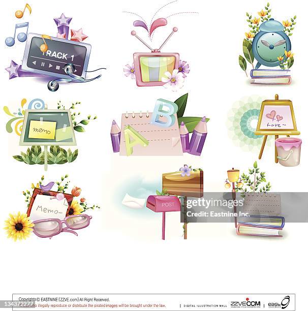 ilustraciones, imágenes clip art, dibujos animados e iconos de stock de memo and school supply icon set - letra a con flores vector a