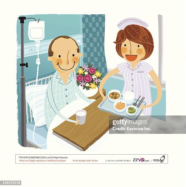 patient in hospital bed receiving breakfast from nurse - hospital curtain stock illustrations