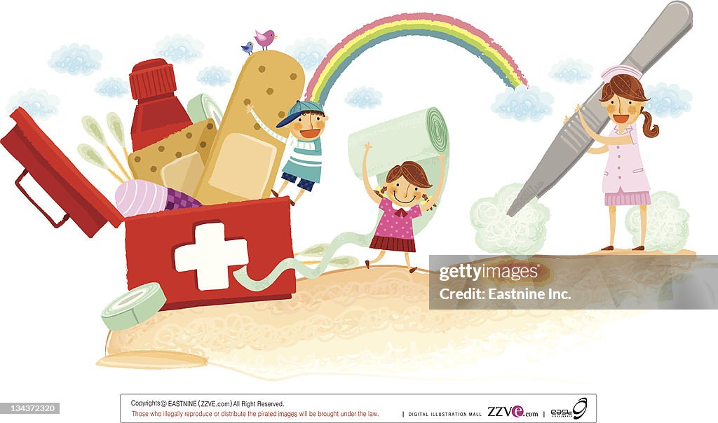 Nurse and children using First aid kit and supplies