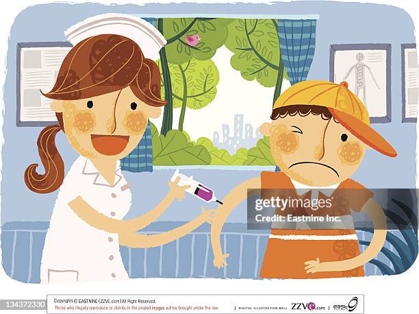 boy receiving injection from nurse - hospital curtain stock illustrations