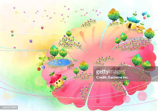 garden view on large flower - empty bench with ballon stock illustrations