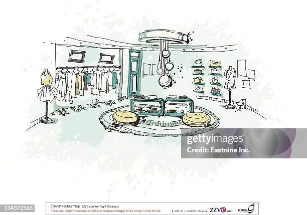 clothes showroom - empty store shelf stock illustrations
