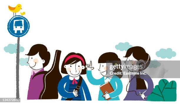 group of people standing at bus stop queue - man bus stop stock illustrations