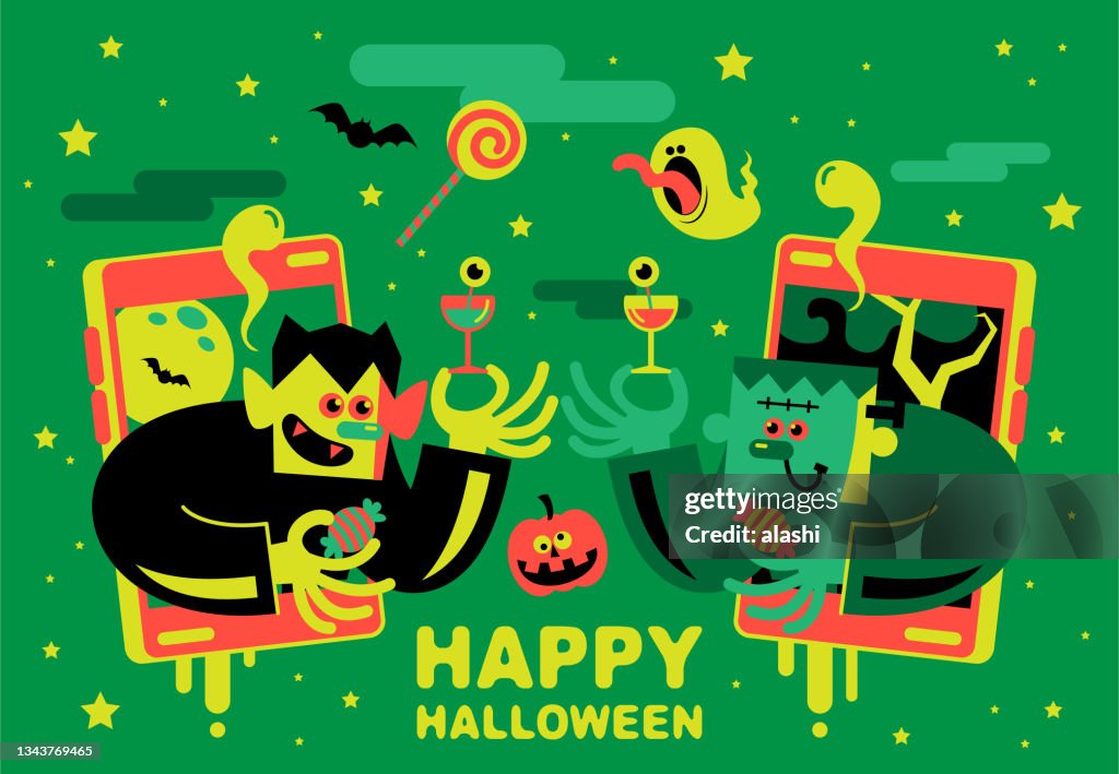 Frankenstein und Vampire genießen die Virtual Cheers Halloween Party und den Trick or Treat und Kostümwettbewerb in einer App
