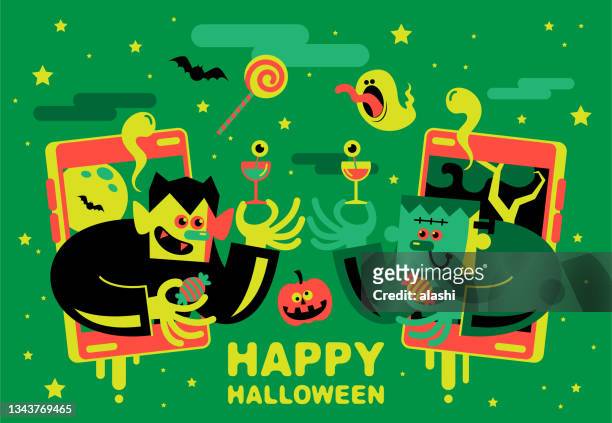 frankenstein and vampire enjoy the virtual cheers halloween party and trick or treat and costume contest on an app - offbeat stock illustrations