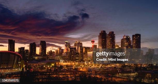 calgary cityscape lit up at sunset. - calgary foto e immagini stock