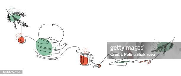 one line drawing of a teapot, tea cup and christmas decorations with fresh trendy colored spots. - cosy background stock illustrations