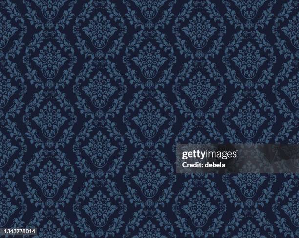 dark blue victorian damask luxury decorative fabric pattern - damask background stock illustrations