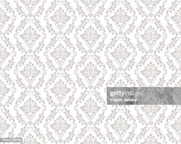 beige and white victorian damask luxury decorative fabric pattern - flowers white background stock illustrations