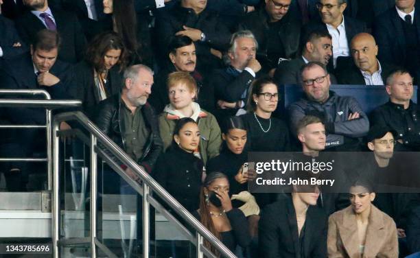 Ed Sheeran between his father John Sheeran and his wife Cherry Seaborn, above them French Minister for Sports Roxana Maracineanu, President of French...