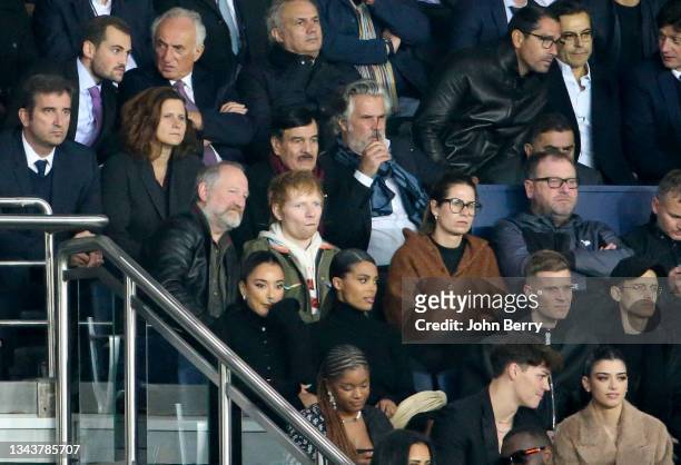 Ed Sheeran between his father John Sheeran and his wife Cherry Seaborn, above them French Minister for Sports Roxana Maracineanu, President of French...