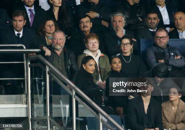 Ed Sheeran between his father John Sheeran and his wife Cherry Seaborn, above them French Minister for Sports Roxana Maracineanu, President of French...