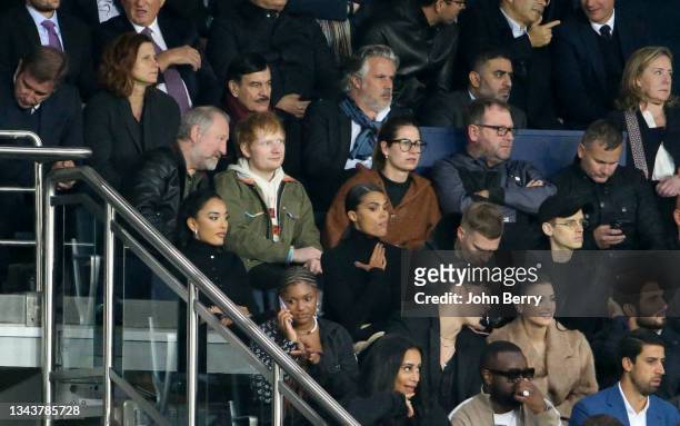 Ed Sheeran between his father John Sheeran and his wife Cherry Seaborn, above them French Minister for Sports Roxana Maracineanu, President of French...