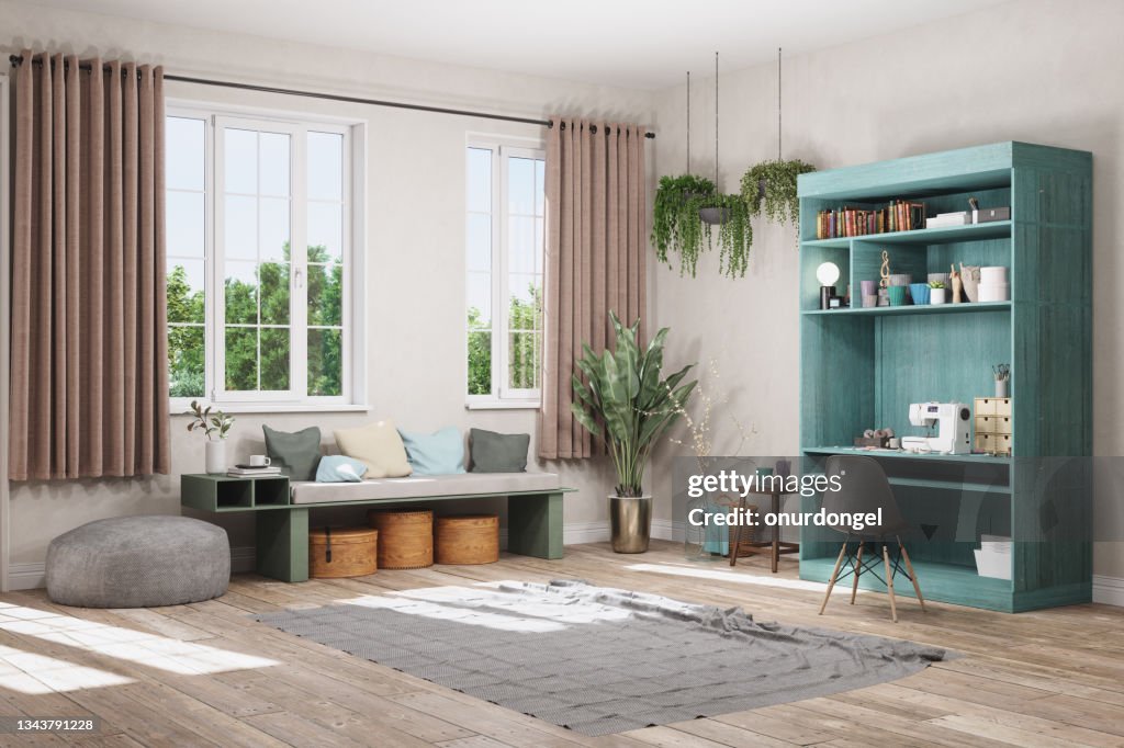 Working At Home Concept With Sewing Machine And Other Sewing Equipments On The Table In The Living Room