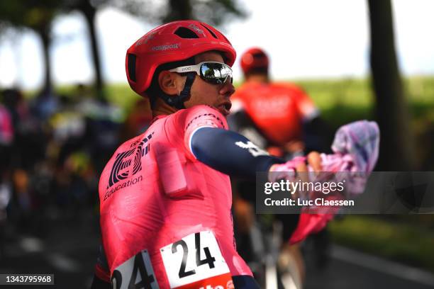 Sebastian Langeveld of Netherlands and Team EF Education - Nippo takes off his warm clothes during the 80th Eurométropole Tour 2021 a 177,6km race...