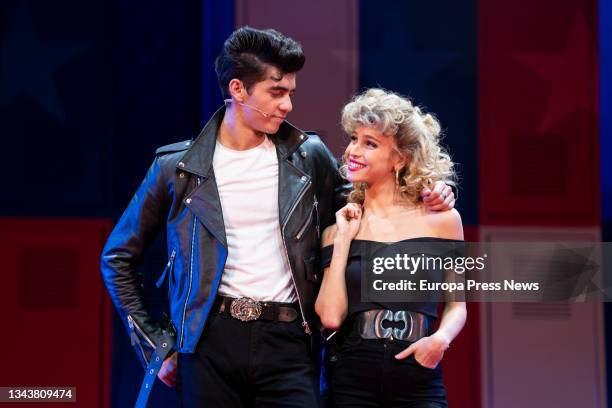 Actors Lucia Peman and Quique Gonzalez pose during the presentation of the musical 'Grease' at the Nuevo Teatro Alcala, on 29 September, 2021 in...