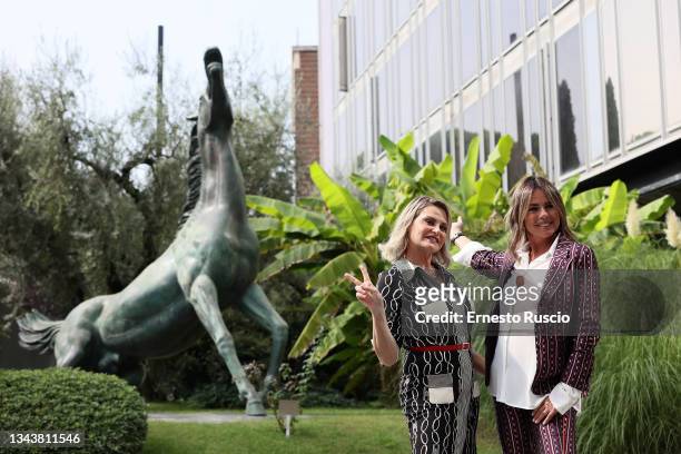 Simona Ventura and Paola Perego attend the photocall of the tv show "Citofonare Rai2" on September 29, 2021 in Rome, Italy.