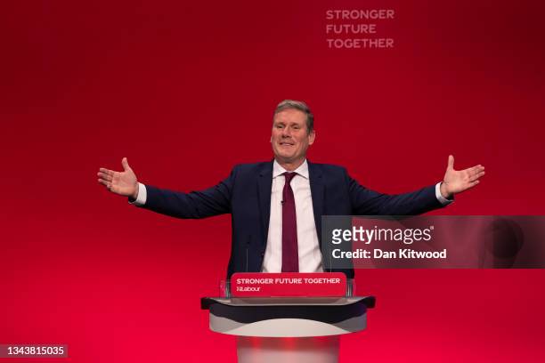 Sir Keir Starmer delivers his keynote speech to Labour Conference for the first time as party leader on September 29, 2021 in Brighton, England. This...