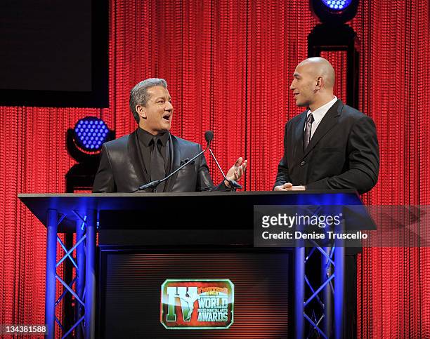 Bruce Buffer and Brandon Vera present the Media Source of the Year Award at the 2011 Fighters Only World Mixed Martial Arts Awards at the Palms...