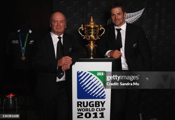 Graham Henry, Coach of the All Blacks and Richie McCaw, Captain of the All Blacks pose with the Rugby World Cup during the 2011 Steinlager Rugby...