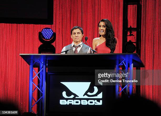 Joseph Benavidez and Mercedes Terrell present the MMA Journalist of the Year Award at the 2011 Fighters Only World Mixed Martial Arts Awards at the...