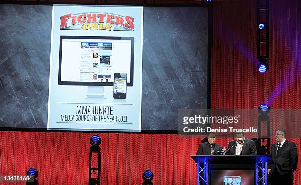 Media Junkie wins the Media Source of the Year Award at the 2011 Fighters Only World Mixed Martial Arts Awards at the Palms Casino Resort on November...