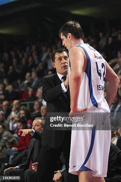 Ufuk Sarica, Head Coach of Anadolu Efes in action during the 2011-2012 Turkish Airlines Euroleague Regular Season Game Day 7 between Belgacom Spirou...