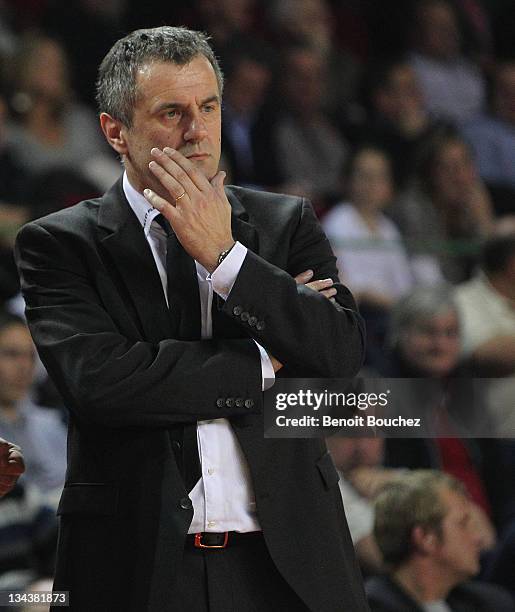 Giovanni Bozzi, Head Coach of Belgacom Spirou Basket in action during the 2011-2012 Turkish Airlines Euroleague Regular Season Game Day 7 between...