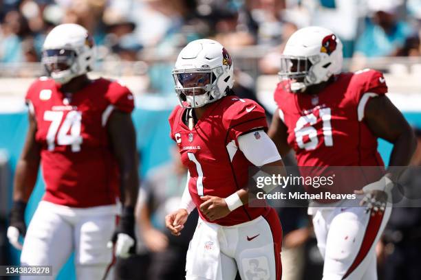 Kyler Murray of the Arizona Cardinals celebrates after a rushing touchdown during the first quarter against the Jacksonville Jaguars at TIAA Bank...