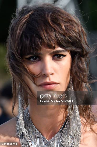 Model walks the runway during the Courreges Ready to Wear Spring/Summer 2022 fashion show as part of the Paris Fashion Week on September 29, 2021 in...