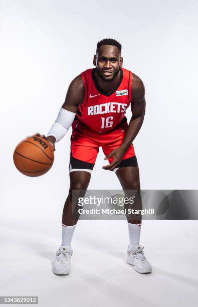 Usman Garuba of the Houston Rockets poses for a portrait during Houston Rockets Media Day at Post Oak Hotel on September 27, 2021 in Houston, Texas.