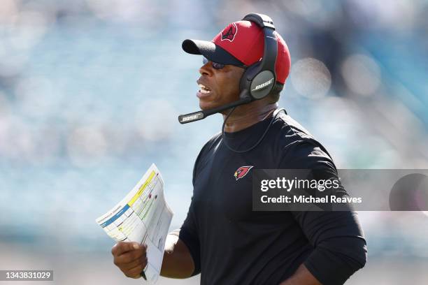 Defensive coordinator Vance Joseph of the Arizona Cardinals looks on against the Jacksonville Jaguars at TIAA Bank Field on September 26, 2021 in...