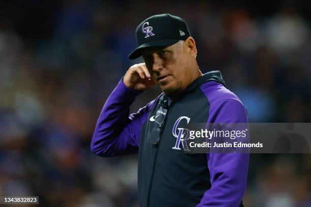 Manager Bud Black of the Colorado Rockies walks off the field after making a pitching change in the fifth inning against the Los Angeles Dodgers at...