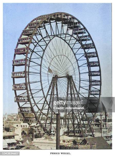 old engraving illustration of chicago in the 19th century, columbian exposition in chicago in 1893 - ferris wheel or chicago wheel - chicago worlds fair - fotografias e filmes do acervo