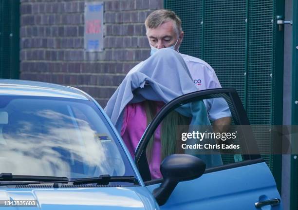 Katie Price leaves Crawley Magistrates' Court after pleading guilty on September 29, 2021 in Crawley, England. Katie Price is charged with driving...