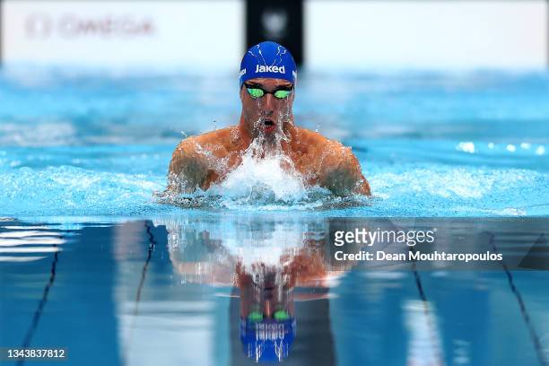 Stefano Raimondi of Team Italy competes in the Men's 100m Breaststroke - SB9 final on day 2 of the Tokyo 2020 Paralympic Games at the Tokyo Aquatics...